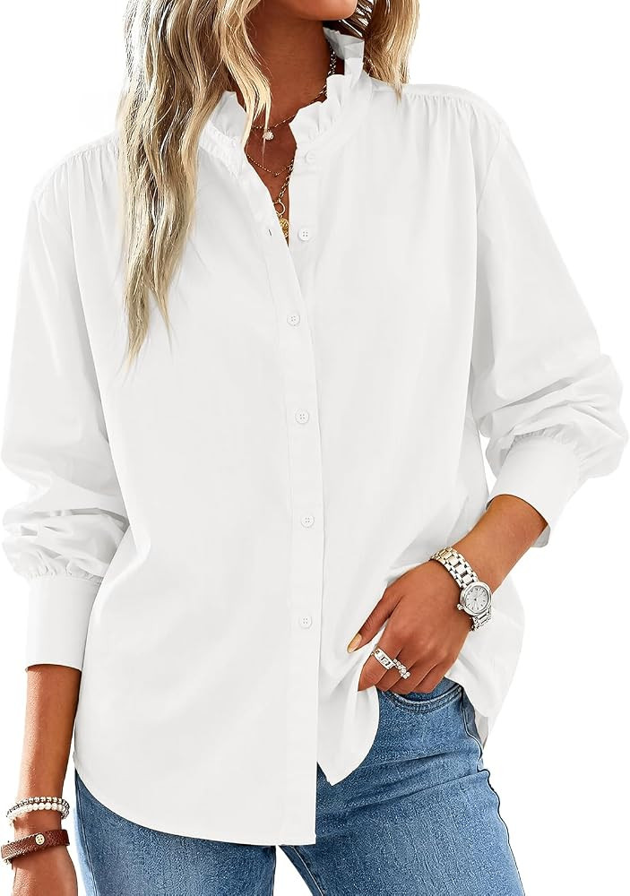 Cicy Bell Womens Oversized Button Down Shirts Long Sleeve Ruffle Collar Top | Amazon (US)