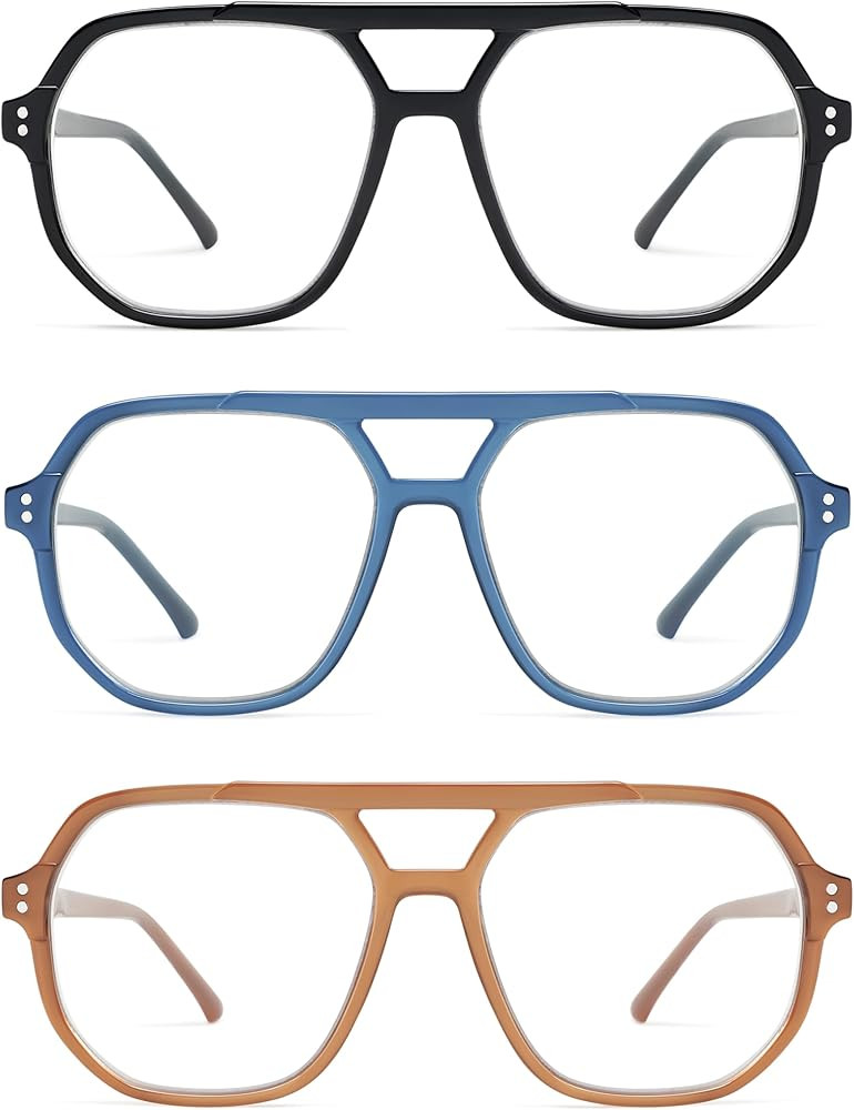 AMOMOMA Trendy Retro Aviator Reading Glasses for Women Men,Classic Large Oversized Reader Blue Li... | Amazon (US)