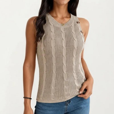 Anna-Kaci Women's Sleeveless Cable Knit Tank Top with Shoulder Button Detail and Ribbed Hem - Medium, Khaki | Target