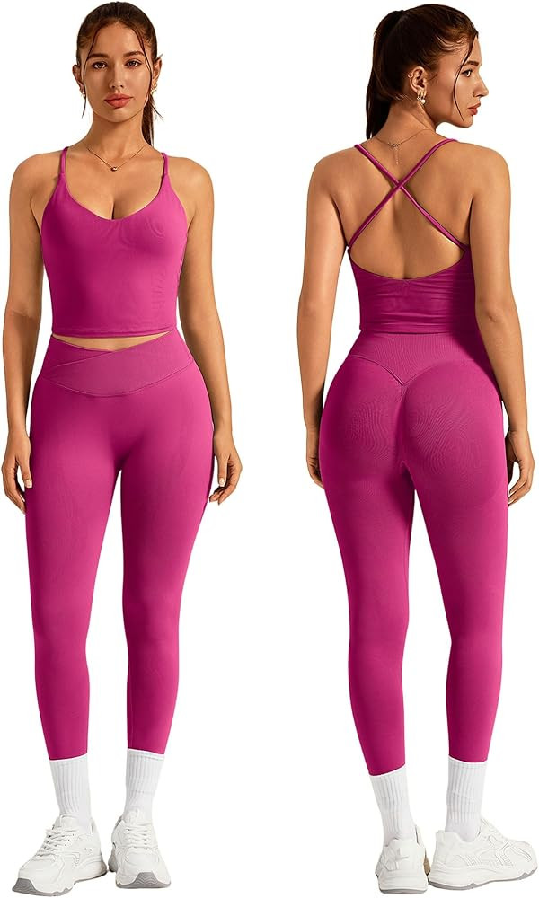 ABOCIW Womens Workout Sets 2 Piece Seamless Strappy Tank Top Crossover Waist Leggings Gym Sets Ac... | Amazon (US)