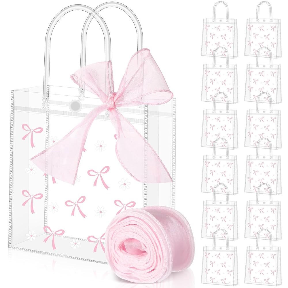 Sweetude 12 Pcs Bow Clear PVC Gift Bags with Handle Ribbon Coquette Bowknot Party Favor Bags with... | Amazon (US)