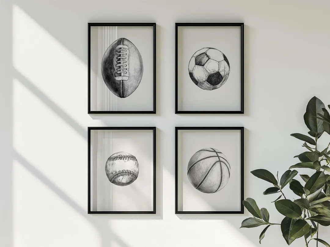Black and White Sports Ball Wall Art Set of 4, Football Baseball Soccer Basketball Prints, Boys R... | Etsy (US)