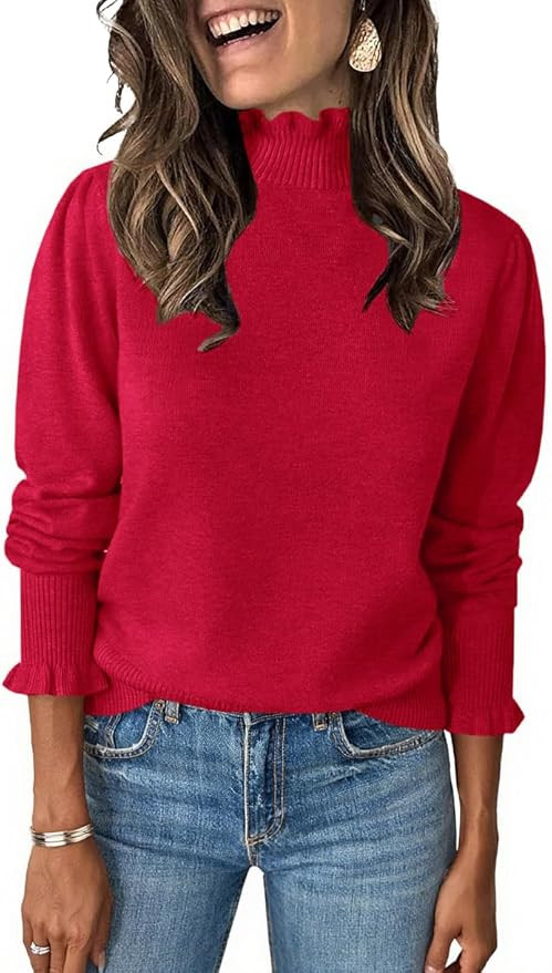 UNCLECAT Womens Ruffle Mock Neck Sweater Casual Puff Long Sleeve Fall Knit Trendy Pullover Sweate... | Amazon (US)
