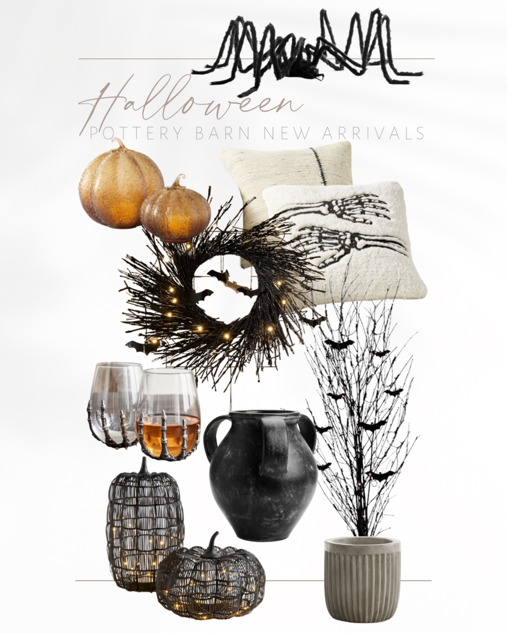 New Arrivals! Halloween finds from Pottery Barn

Amber glass candle cloche, light up outdoor spider, black branch tree, black branch Halloween wreath, skeleton wine glass, outdoor lit black pumpkins, cauldron vase, black wide mouth vase, gray planter pot, Halloween throw pillows

#LTKSeasonal #LTKhome