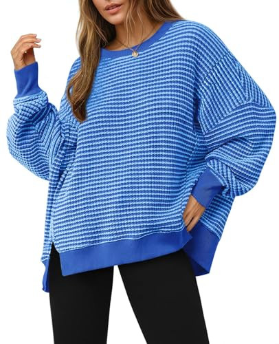 Fisoew Women's Oversized Sweatshirt Waffle Knit Striped Long Sleeve Crewneck Casual Loose Pullover Tunic Tops Blue | Amazon (US)