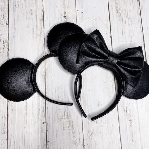 Classic Black Mickey Mouse ears, Black Minnie ears, Black leather ears, Black Leather Disney ears... | Etsy (US)
