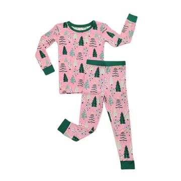 Pink Twinkling Trees Two-Piece Bamboo Viscose Pajama Set | Little Sleepies