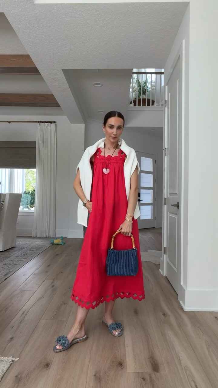 Beautiful red linen dress, perfect for Memorial Day or 4th of July. Statement raffia sandals and blue mini bag.

#LTKootd #LTKOver40