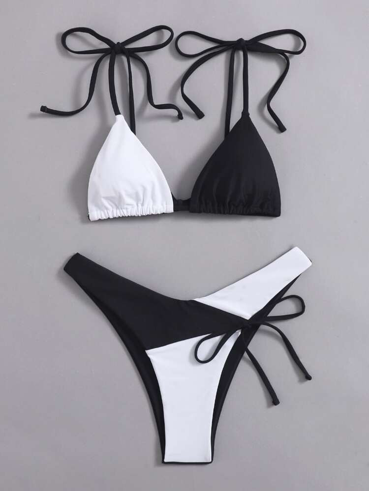 Two Tone Triangle High Cut Bikini Swimsuit | SHEIN
