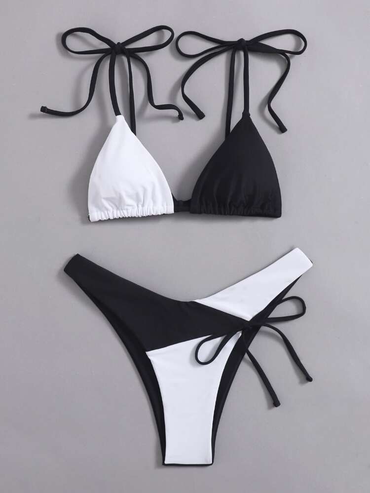Two Tone Triangle High Cut Bikini Swimsuit | SHEIN