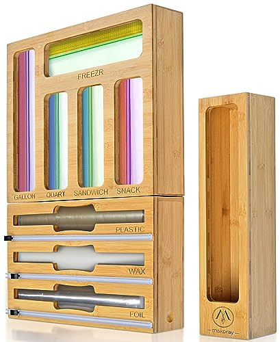 9 IN 1 Bamboo Foil and Plastic Wrap Organizer for Kitchen Drawer, Plastic Bag Organizer Organization and Storage, Food Storage Bag Organizer with Labels for Quart Gallon Snack Sandwich | Amazon (US)