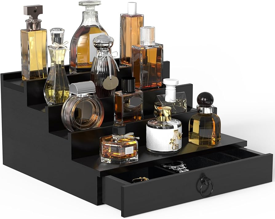 Cologne Organizer for Men, 4 Tier Black Wood Perfume Organizer with Felt Lining Drawer and Hidden... | Amazon (US)