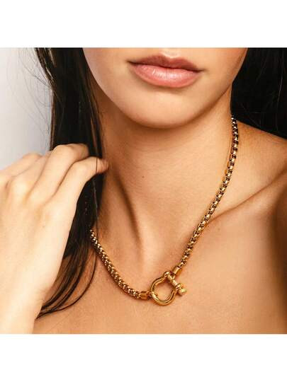 European And American Ins Light Luxury Style Personalized Carabiner Necklace, 18k Gold-Plated, Stainless Steel Square Pearl Titanium Steel Necklace | SHEIN