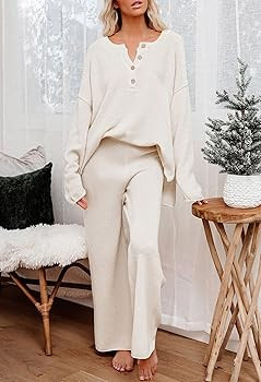 Pink Queen Women's 2 Piece Outfit Set Long Sleeve Button Knit Pullover Sweater Top and Wide Leg P... | Amazon (US)