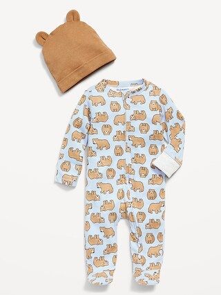 Unisex Bear-Print Footed One-Piece & Beanie Hat Set for Baby | Old Navy (US)