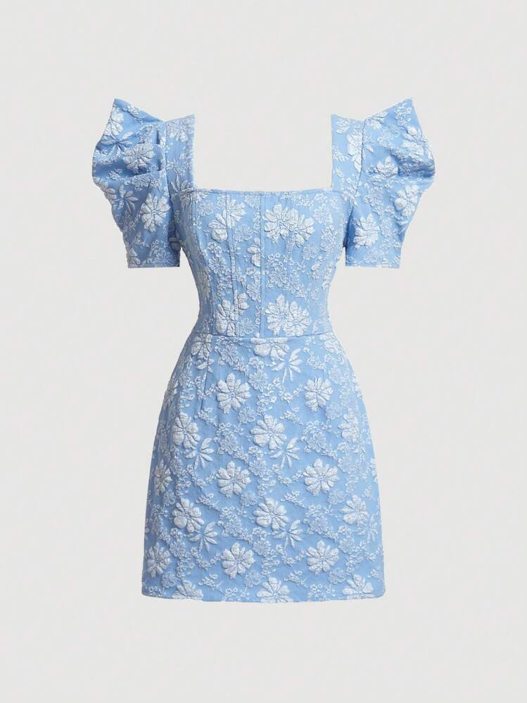 SHEIN MOD Floral Jacquard Square Neck Puff Sleeve Dress,Pastel Dresses For Women | SHEIN
