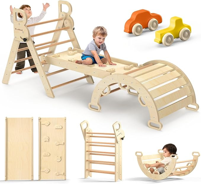 BlueWood Pikler Triangle Set 7-in-1 Foldable Baby Climbing Wooden Toys with Arch&Ramp&Ladder Clim... | Amazon (US)