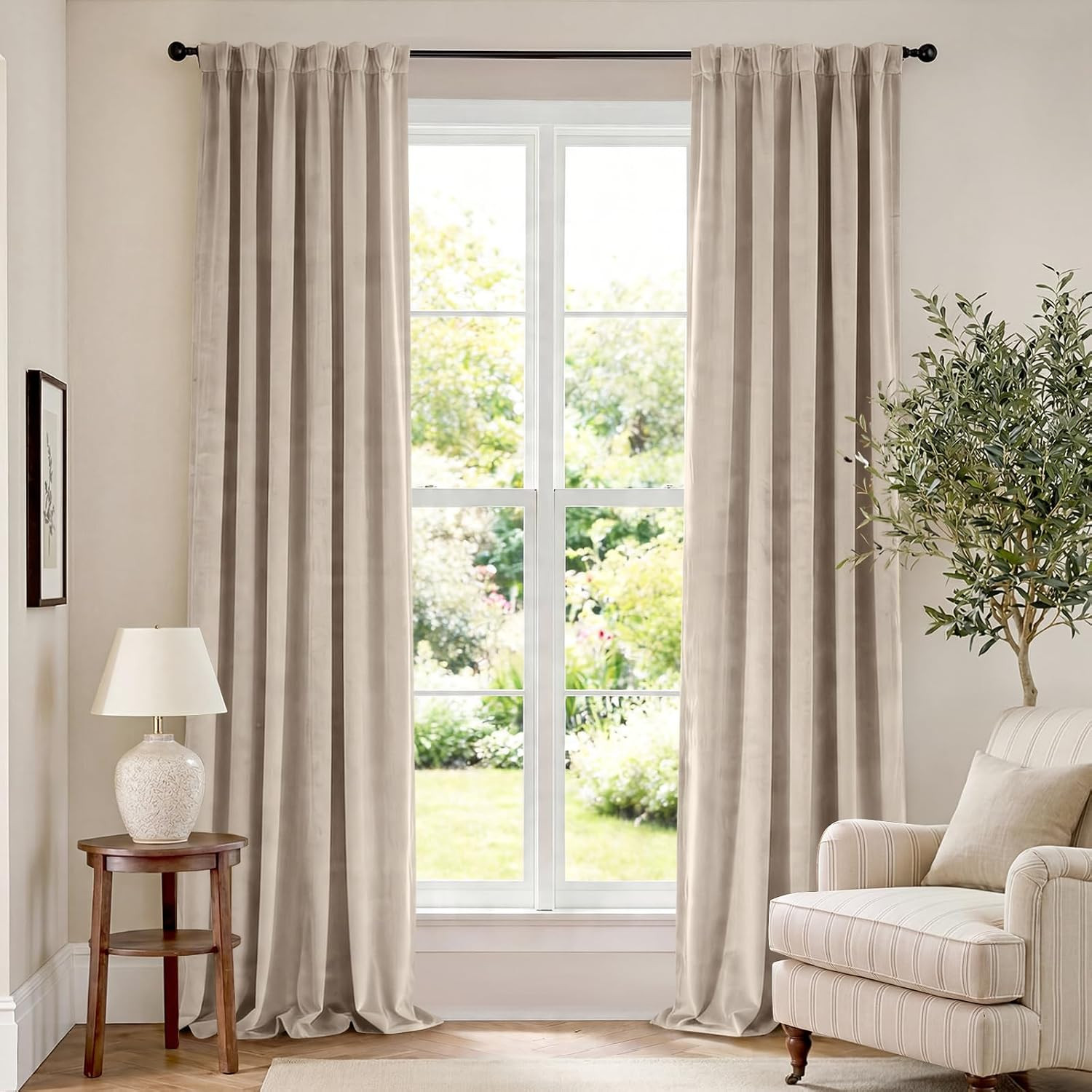 Extra Long Beige Velvet Curtains Rod Pocket 52×108 Inch 2 Panels | Soft Velvet, Room Darkening, ... | Amazon (US)