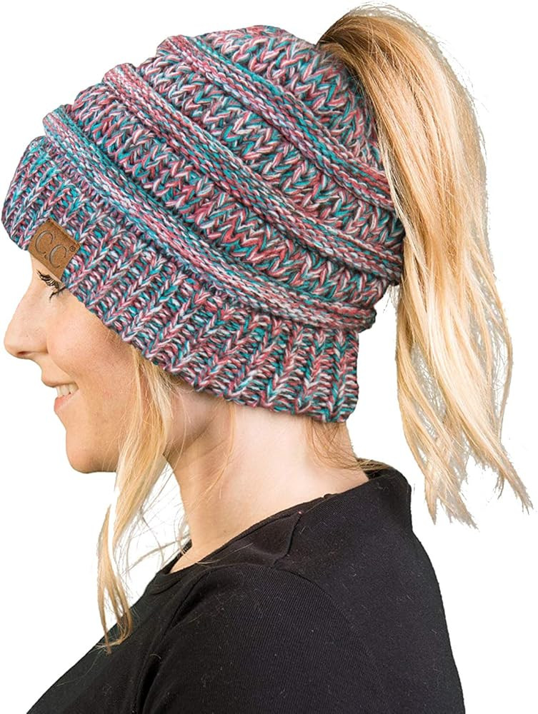 Funky Junque Women's Beanie Ponytail Messy Bun BeanieTail Multi Color Ribbed Hat Cap | Amazon (CA)