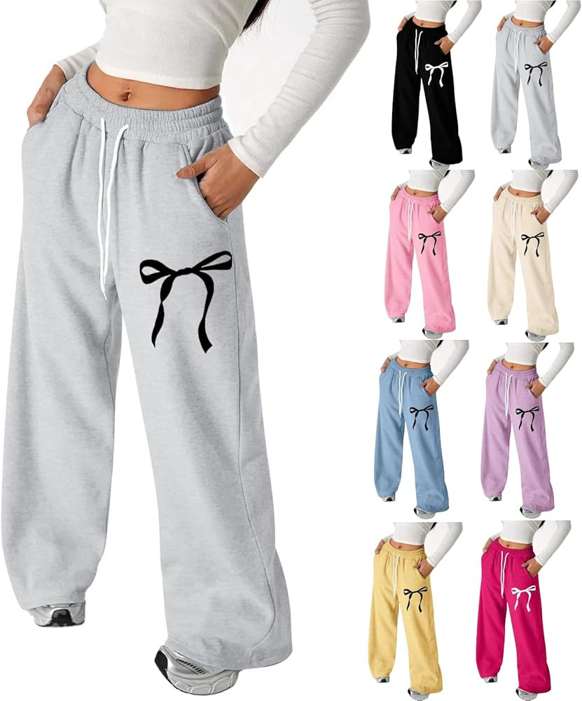Girl's Bowknot Baggy Sweatpants Cute Straight Leg Athletic Pants With Pockets Clothes For Teen Gi... | Amazon (US)