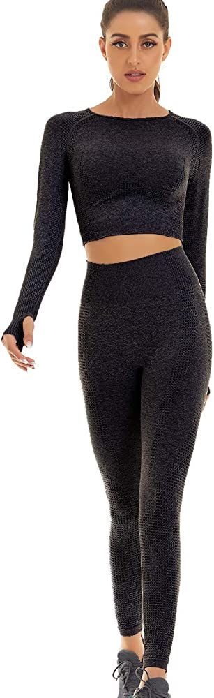 Women Seamless Workout Outfits Athletic Set Leggings + Long Sleeve Top | Amazon (US)