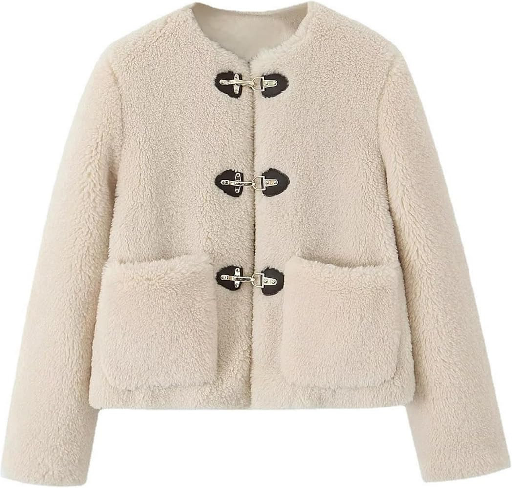 Womens Sherpa Fleece Jackets Long Sleeve Crewneck Outwear Fuzzy Coats Trendy Winter Outfits with ... | Amazon (US)