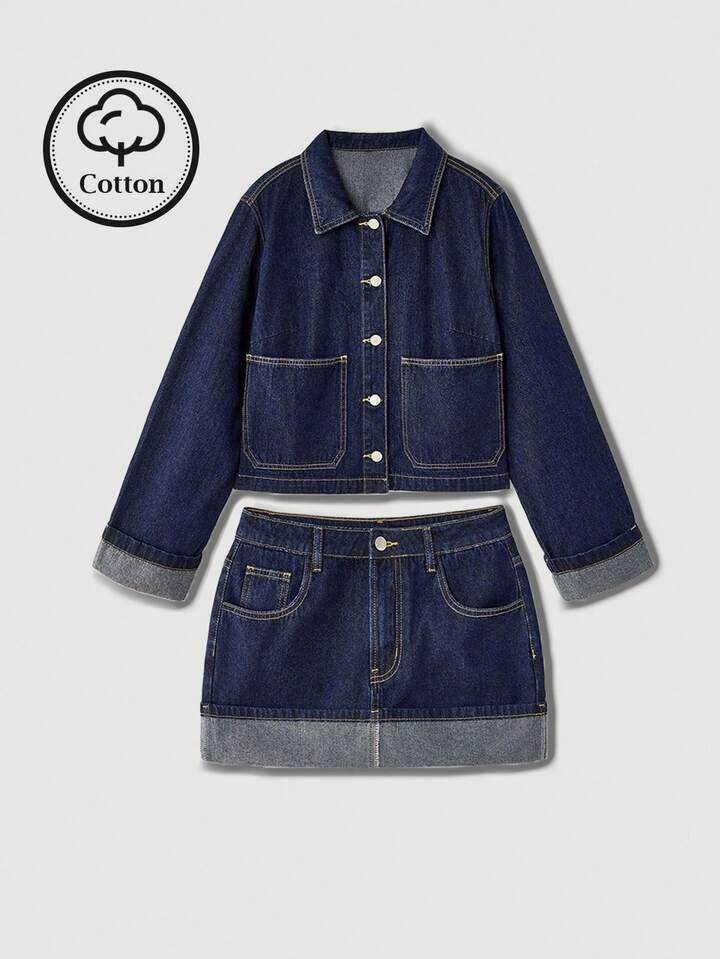 Maija Women's Dark Blue Denim Suit Long-Sleeved Denim Jacket And Folded Hem Skirt 25 Autumn And Winter New Korean Casual Wear Office Outfits For Women Ins Style Autumn Coat 2 Pieces Denim Set Women | SHEIN