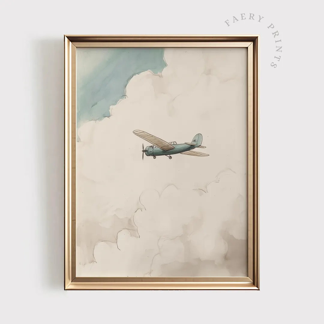 Vintage Airplane Nursery Art Watercolor Plane Illustration Cloudy Sky Printable Wall Art Rustic A... | Etsy (US)