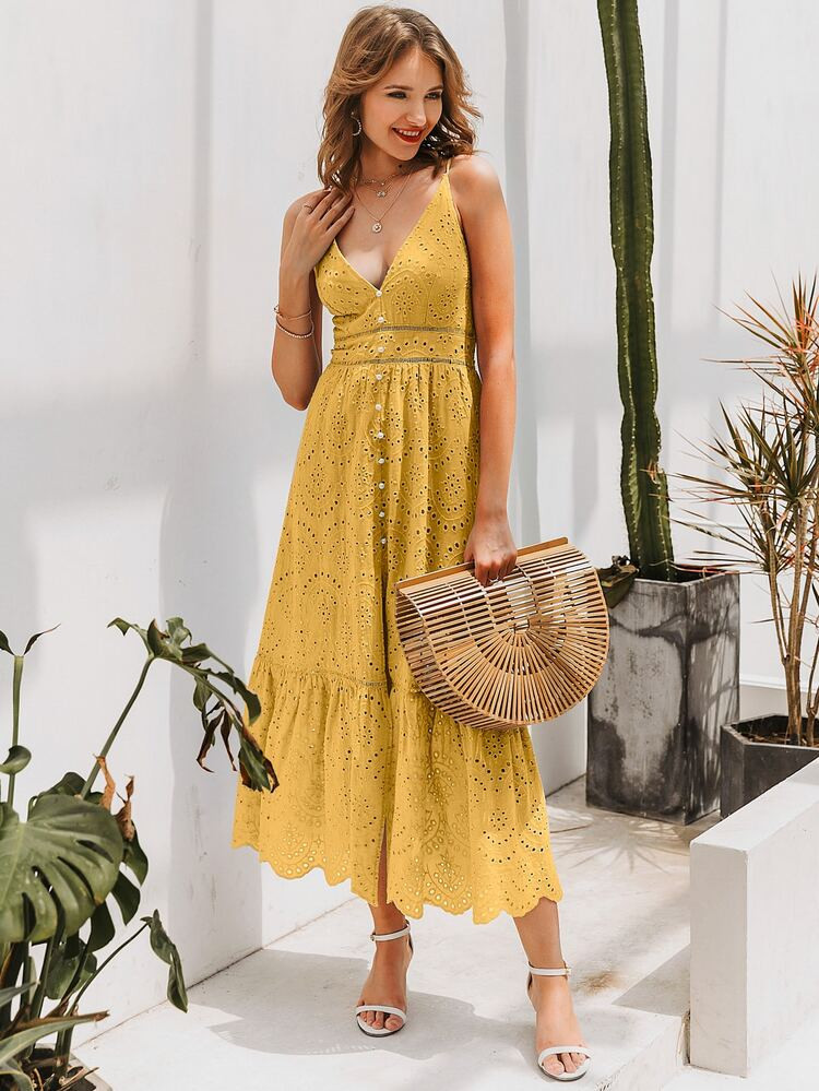 Simplee Button Front Eyelet Lace Insert Schiffy Cami Dress | SHEIN