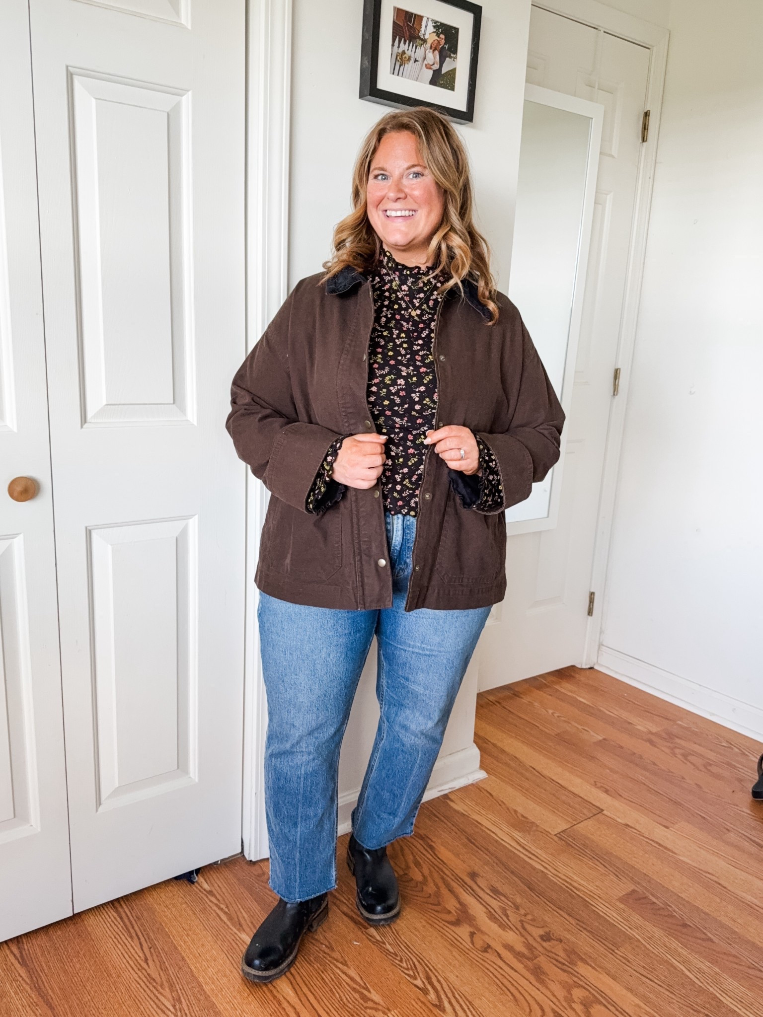Wearing an XL in my barn jacket (also linked similar as it is mostly sold out in the brown color).  Large in floral top and 33 short in jeans 

#LTKMidsize #LTKmomlife #LTKSeasonal