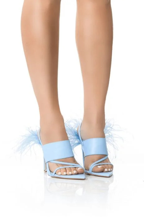 AZALEA WANG CHICK FEATHER DECOR POINTED TOE SANDAL IN BLUE | AKIRA