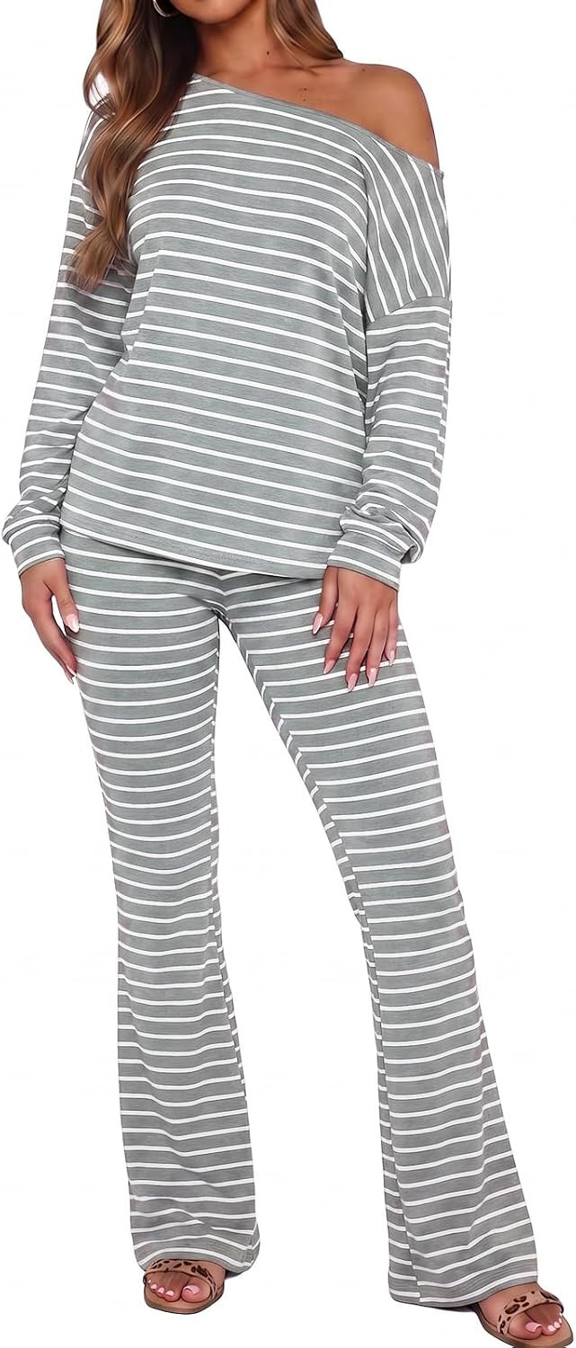 Fisoew Women 2 Piece Outfits Striped Off Shoulder Long Sleeve Top Pants Set | Amazon (US)
