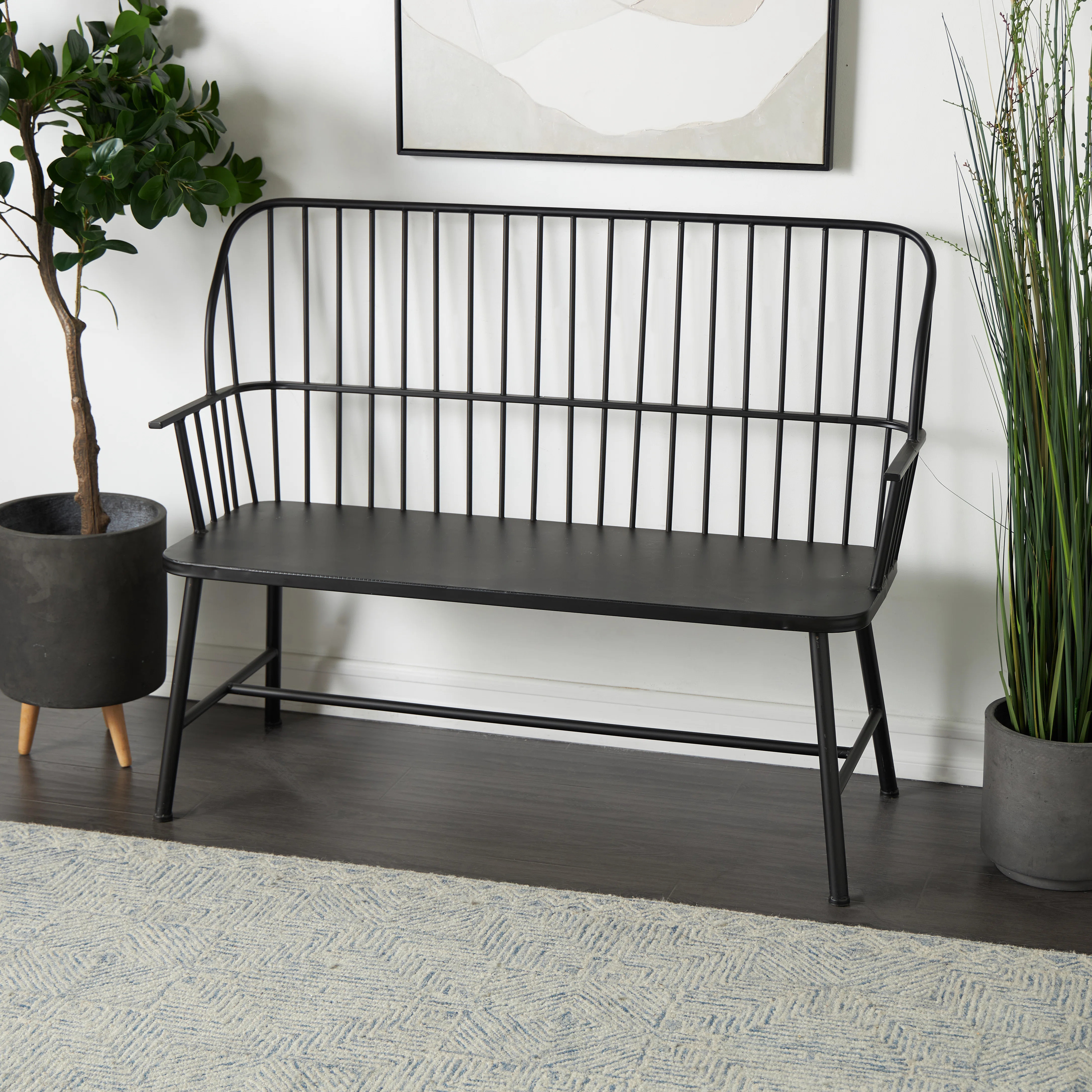 Metal Grill Style High Back Frame Patio Outdoor Bench with Trestle Legs and Armrests | Wayfair North America