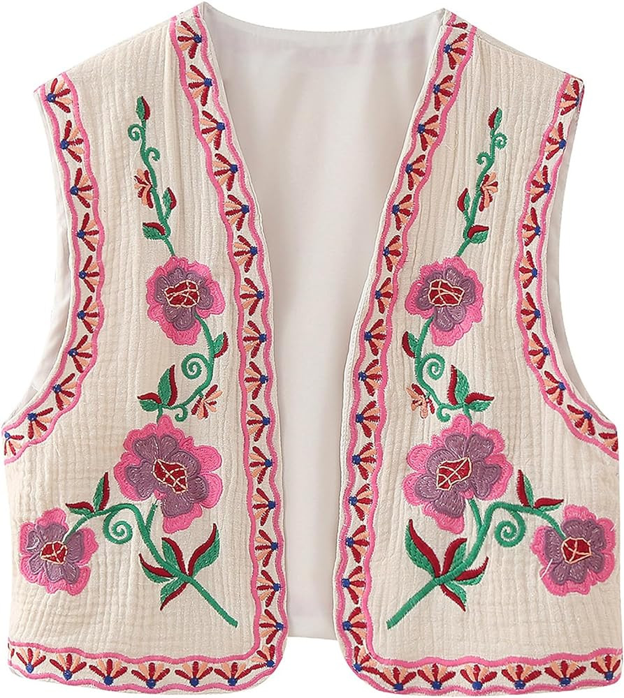 Wyeysyt Women Floral Embroidered Vest Vintage Sleeveless Boho Y2k Cardigan Open Front Cropped Wai... | Amazon (US)