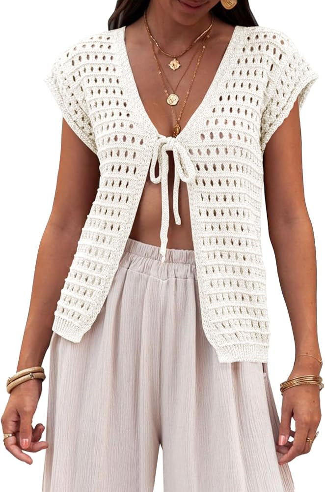 Saodimallsu Womens Tie Crochet Shrug Short Sleeve Open Front Lightweight Knit Cropped Cardigan Sw... | Amazon (US)