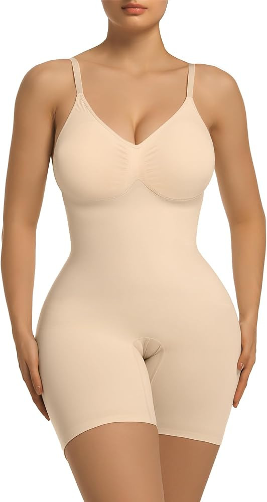 SHAPERX Women's Bra Free Bodysuits Tummy Control Shapewear Mid Thigh Body Shaper with Removable P... | Amazon (US)