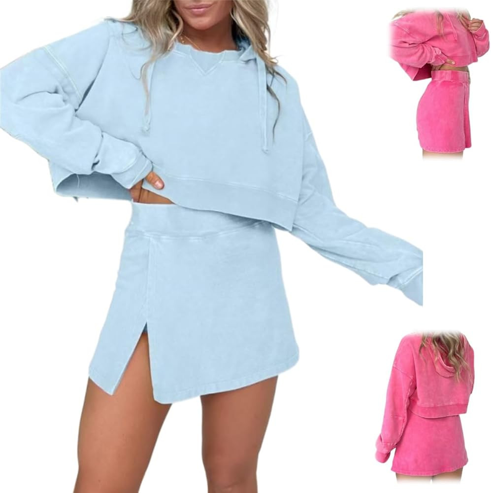 Lounge Washed Hoodie Skirt Set,Long Sleeve Mini Sweat Skort Set,Womens Lounge Sets 2 Piece Outfit... | Amazon (US)