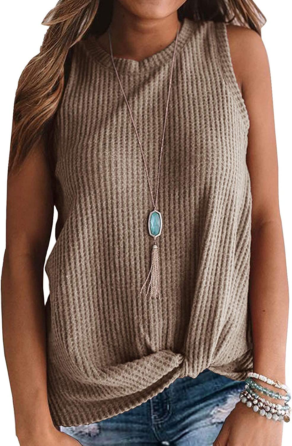 IWOLLENCE Womens Waffle Knit Tunic Casual Blouse Sleeveless Cute Twist Knot Tank Tops | Amazon (US)