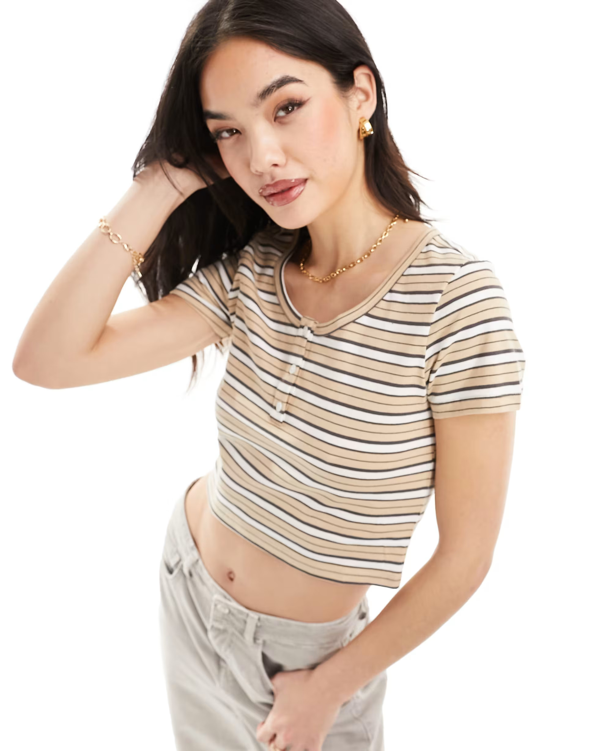 Urban Revivo button detail striped crop T-shirt in light beige | ASOS (Global)