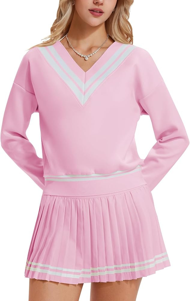 Women's 2 Piece Tennis Skirt Set, V-Neck Long Sleeve Sweatshirt & High Waisted Pleated Skirt, Ath... | Amazon (US)