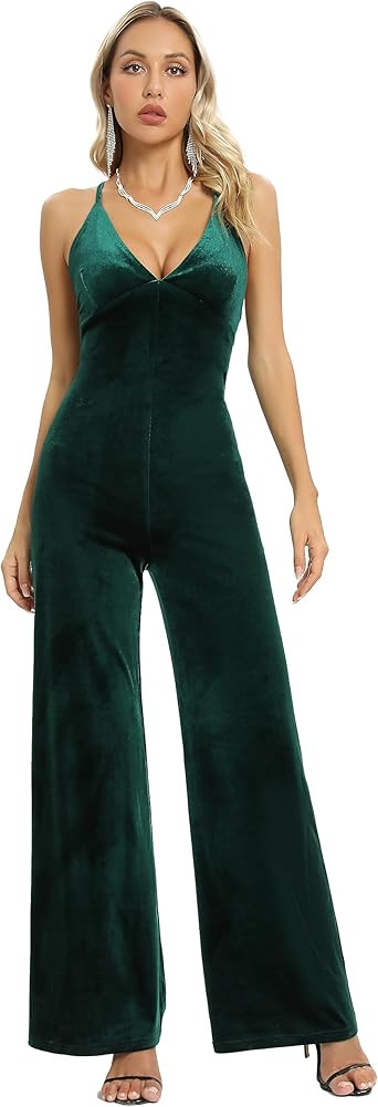Aigeman Womens Sexy V Neck Backless Velvet Jumpsuits Spaghetti Strap Velvet Romper Velvet Wide Le... | Amazon (US)