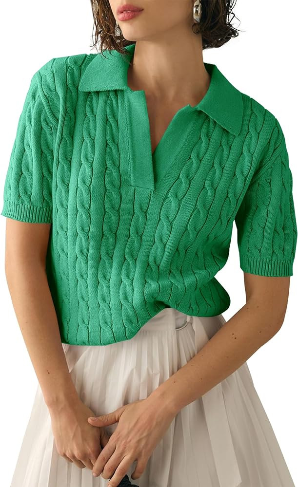 Imily Bela Women's Cable Short Sleeve Sweaters Tops Solid Lapel V Neck Knit Casual Soft Pullover ... | Amazon (US)