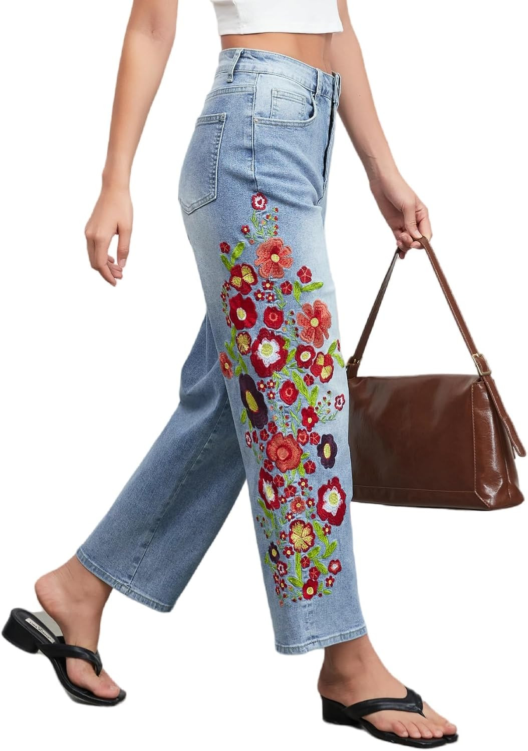 EZAPINE Straight Leg Cropped Jeans for Women Trendy Mid Rise Floral Print Boho Casual Denim Ankle Pants | Amazon (US)