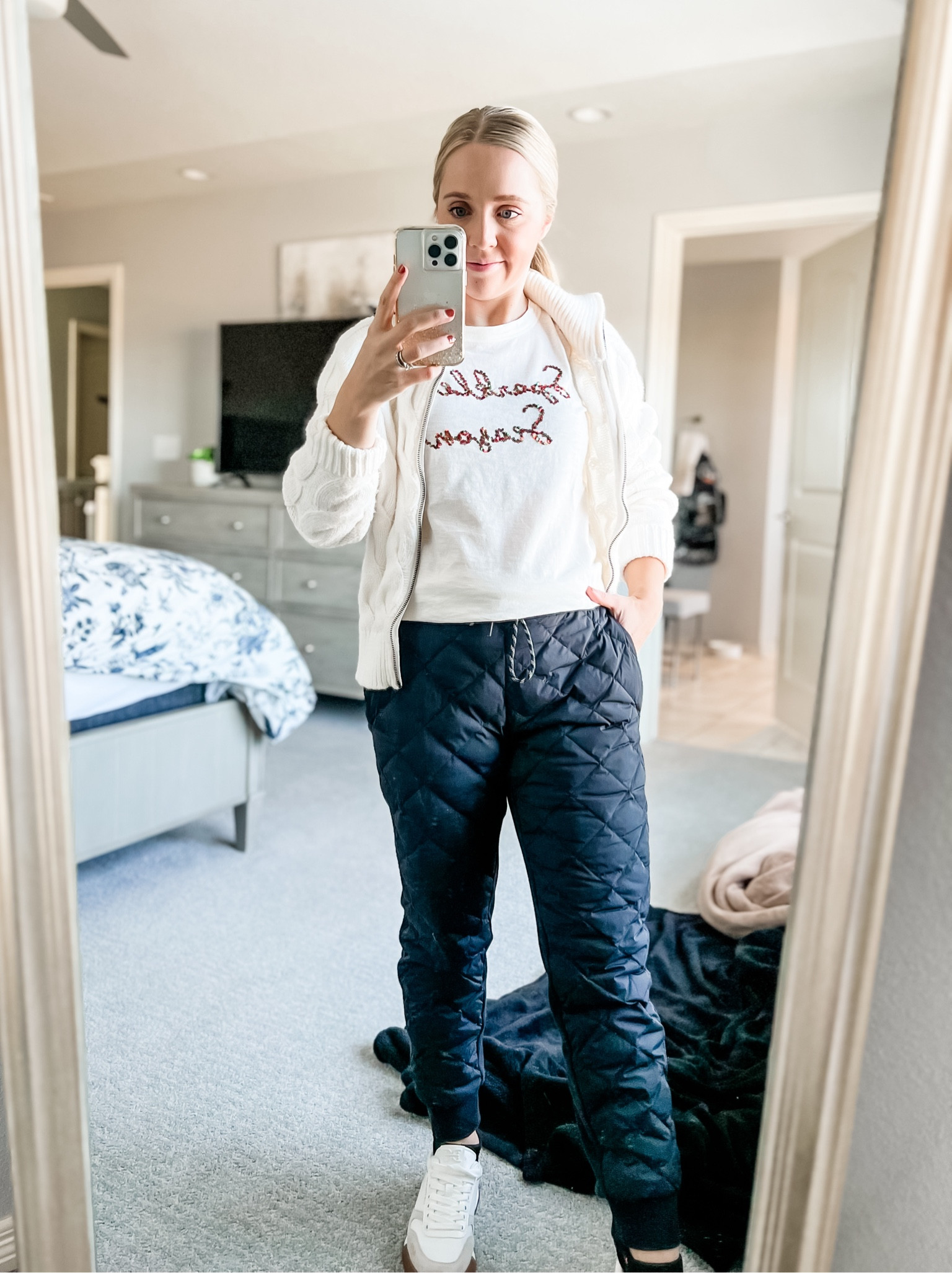 Holiday t shirt paired with quilted joggers. Size down in the sequin t shirt. 40% off t shirt. Petite joggers fit TTS. Holiday outfit. Winter outfit. Petite. Winter outfits. Winter fashion. Women’s joggers. Holiday fashion. 

#LTKHoliday #LTKsalealert