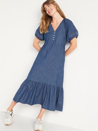 Chambray Puff-Sleeve All-Day Maxi Swing Dress for Women | Old Navy (US)