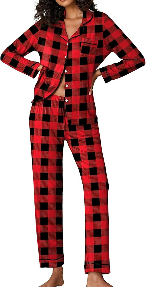 Ekouaer Pajamas Women's Long Sleeve Sleepwear Soft Button Down Loungewear Pjs Lounge Set Nightwea... | Amazon (US)