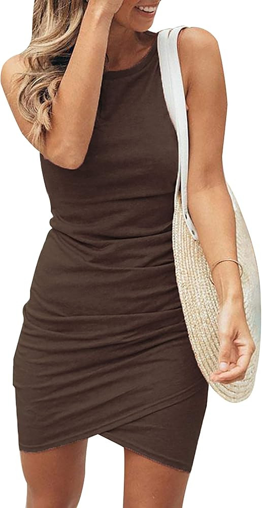 BTFBM Women 2024 Summer Sleeveless Tank Dresses Crew Neck Slim Fit Short Casual Ruched Bodycon Pa... | Amazon (US)