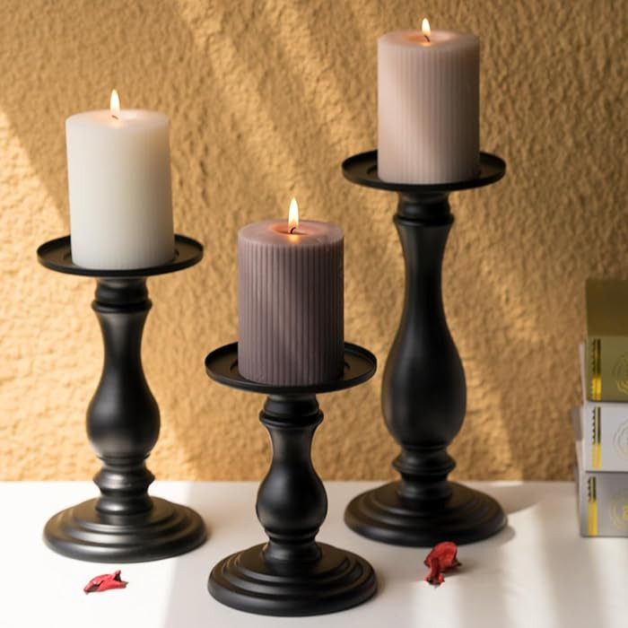 Matte Black Pillar Candle Holders Set of 3-10", 8", 6\u201dH Candlestick Candle Holders Stand, Ho... | Amazon (US)