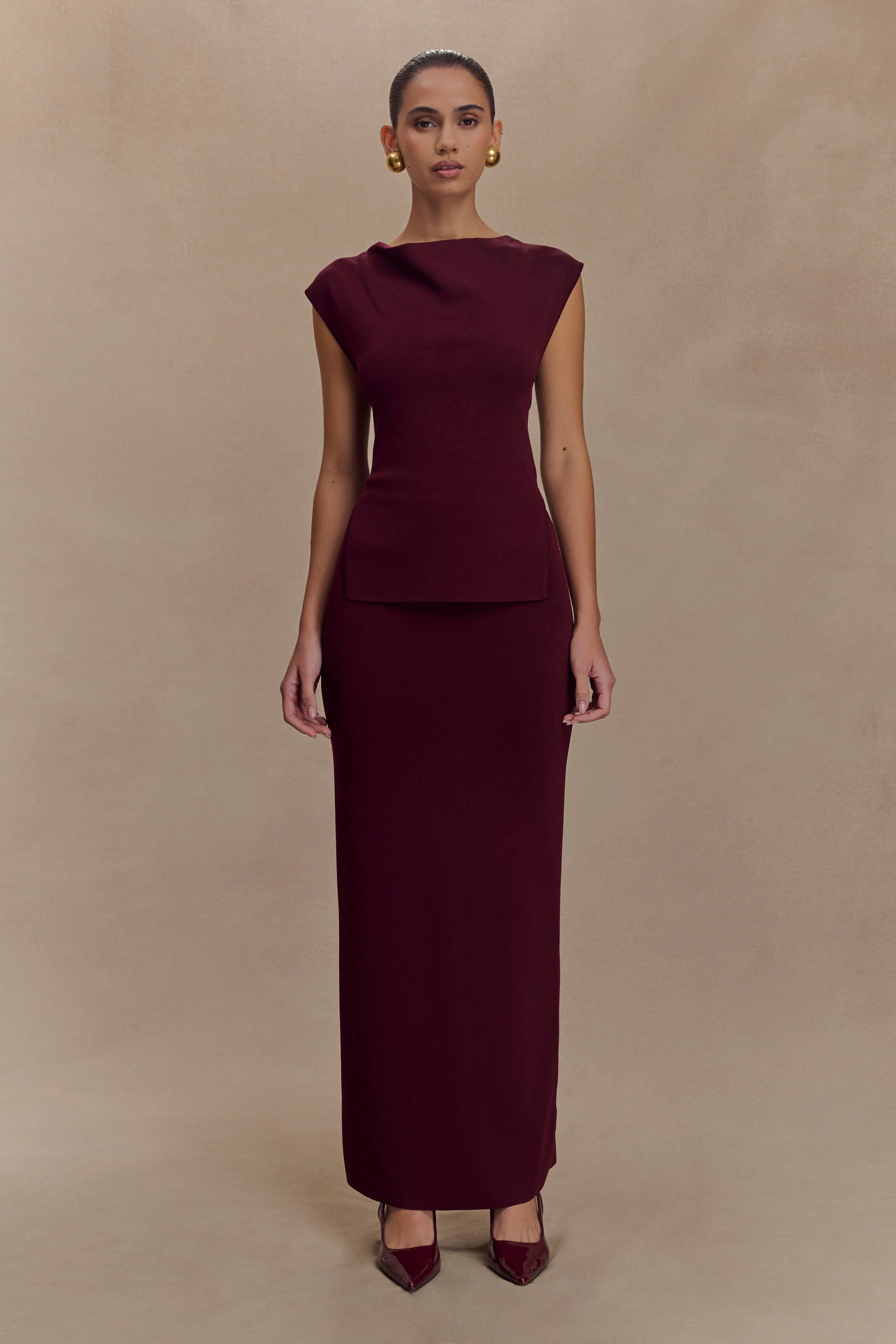 Francisca Mid Rise Knit Maxi Skirt - Merlot | MESHKI US