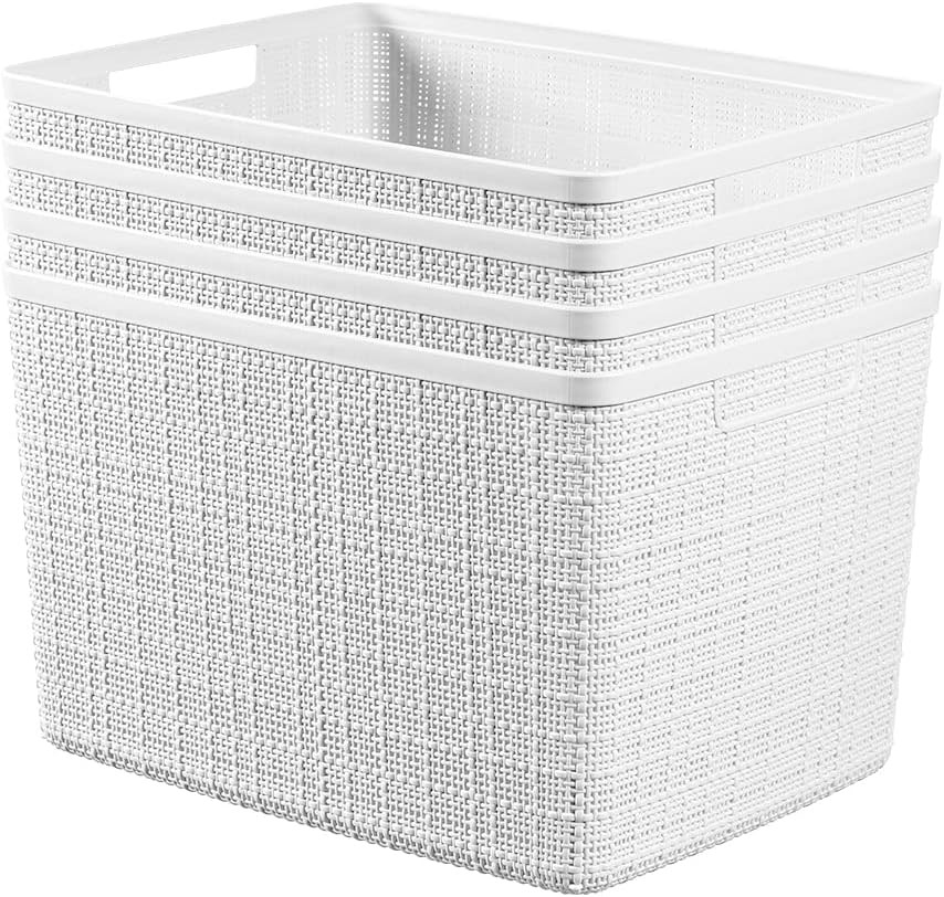 Curver Set of 4 Large 20L Jute Decorative Plastic Organization and Storage Baskets - Perfect Bins for Home Office, Closet Shelves, Kitchen Pantry and All Bedroom Essentials, White | Amazon (US)